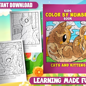 30 Color By Number Coloring Pages Cute Cat Coloring Book - Instant Download Printable PDF Kitten Coloring Book for Kids Color by Number