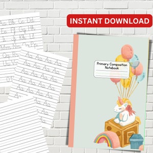 Cuaderno de composición primaria imprimible de MEJOR VALOR - Descarga instantánea Aprenda el alfabeto con práctica de rastreo de letras para niños, cubierta de unicornio