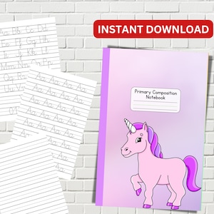 Cuaderno de composición primaria imprimible de MEJOR VALOR - Descarga instantánea Aprenda el alfabeto con práctica de rastreo de letras para niños, cubierta de unicornio