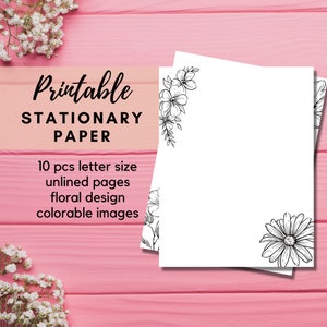 BEST VALUE 10 Printable Stationery Paper -Instant Download Unlined Letter, Writing Template, Flower Stationary, Floral Minimalist Design