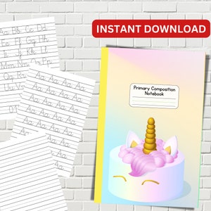 Cuaderno de composición primaria imprimible de MEJOR VALOR - Descarga instantánea Aprenda el alfabeto con práctica de rastreo de letras para niños, cubierta de unicornio