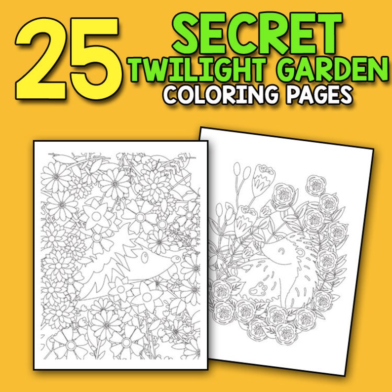 K&ouml;nnte beinhalten: Ein Set mit 25 Malvorlagen mit einem fantasievollen D&auml;mmergarten-Thema. Die Seiten enthalten komplizierte Designs von Blumen, Bl&auml;ttern und einem Igel.