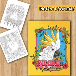 K&ouml;nnte beinhalten: Ein Malbuchcover mit einem wei&szlig;en Kakadu mit gelber Haube, umgeben von Blumen und Bl&auml;ttern. Der Titel des Buches lautet "Secret Twilight Garden Coloring Book".