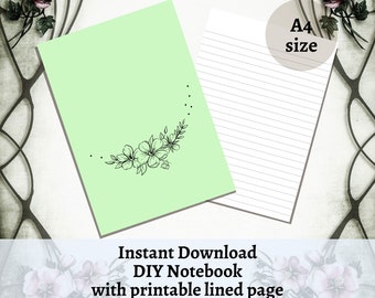 BEST VALUE 1 Printable Notebook Cover Green Floral Design - Instant Download Pastel Color Notes Lined Page For School, Office, And More