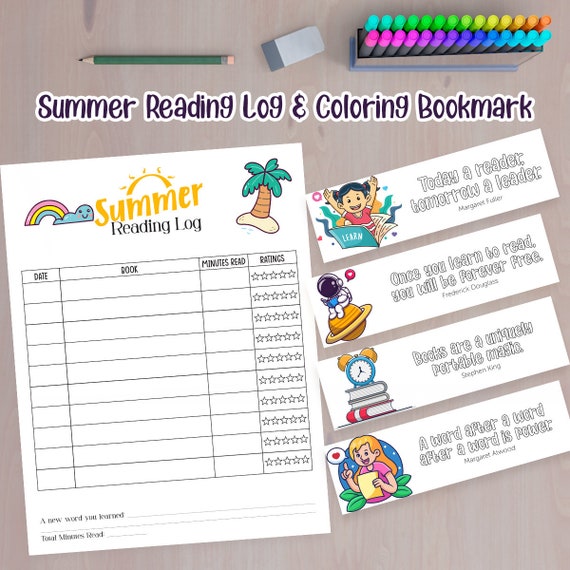kids summer reading log w free printable coloring bookmarks etsy