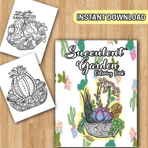 May include: A black and white colouring book cover with the title "Succulent Garden Colouring Book". The cover features a variety of succulents in a pot, surrounded by smaller cacti in pots. The background is a white pattern of cacti in pots.