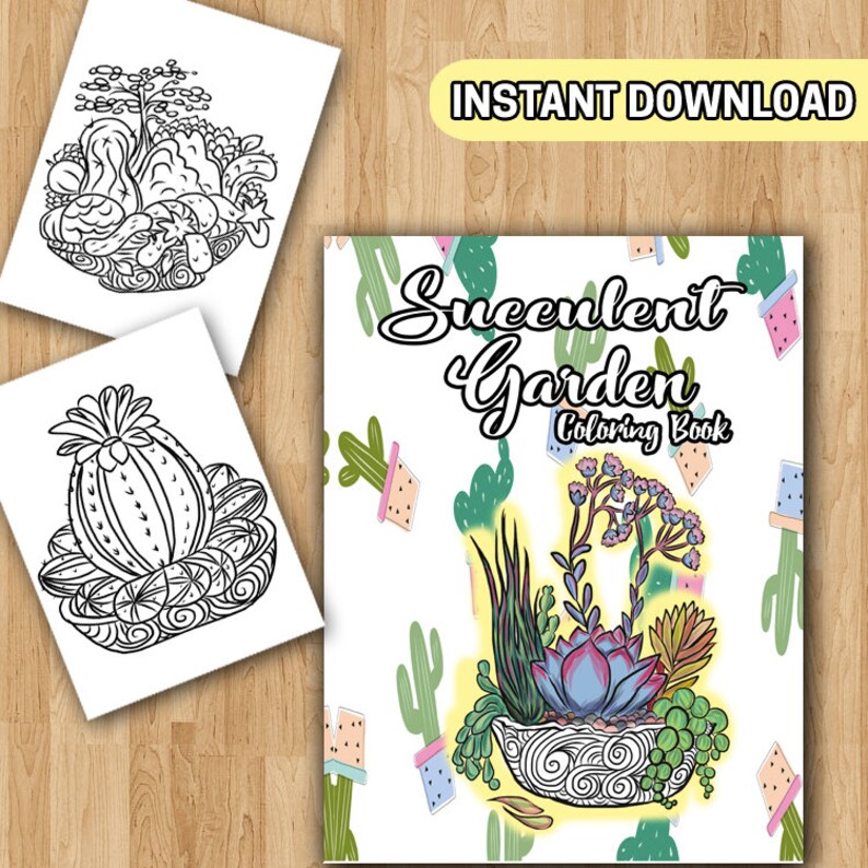 May include: A black and white colouring book cover with the title "Succulent Garden Colouring Book". The cover features a variety of succulents in a pot, surrounded by smaller cacti in pots. The background is a white pattern of cacti in pots.