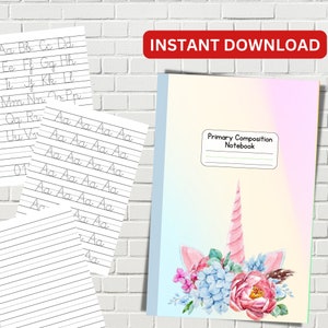 Cuaderno de composición primaria imprimible de MEJOR VALOR - Descarga instantánea Aprenda el alfabeto con práctica de rastreo de letras para niños, cubierta de unicornio