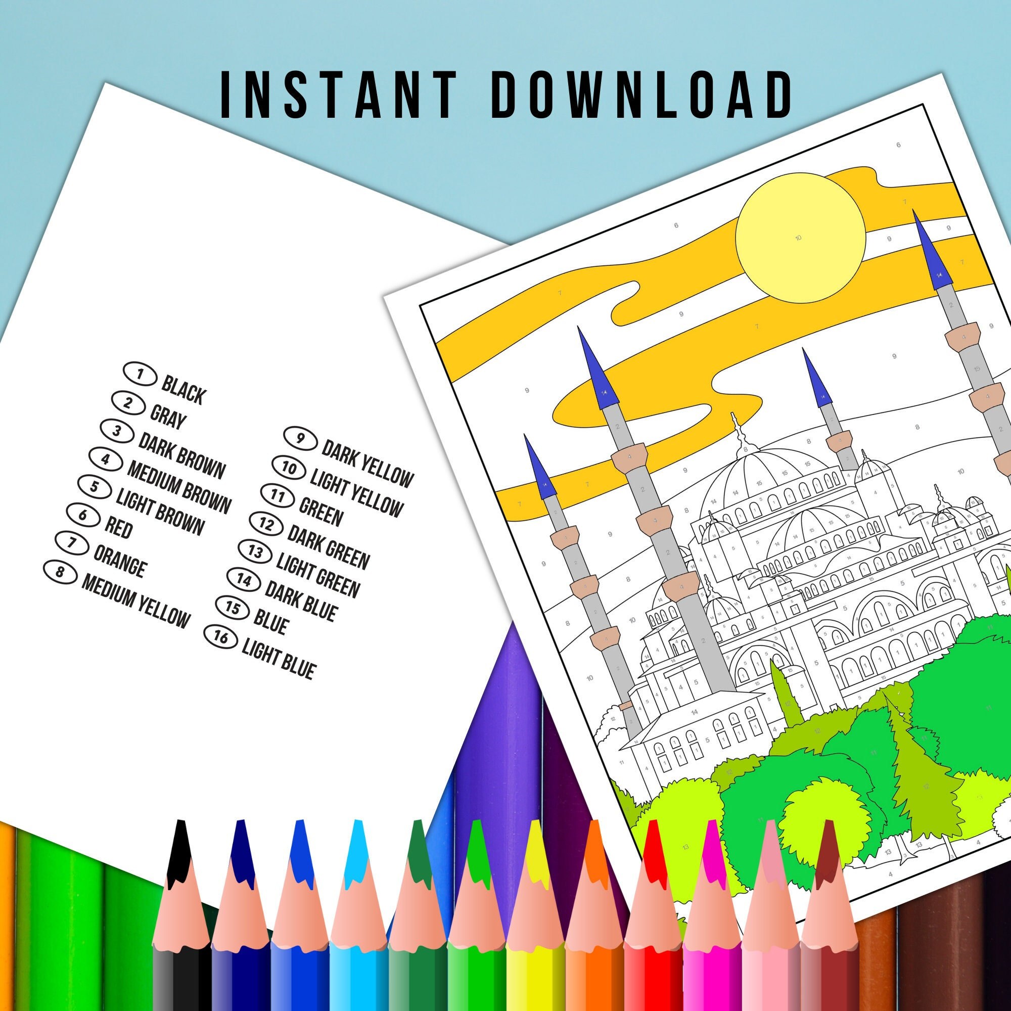 BEST VALUE Blue Mosque, Istanbul Coloring Page - Instant Download World Travel Mosaic Color By Number, Mosaic Coloring, Country Landmarks
