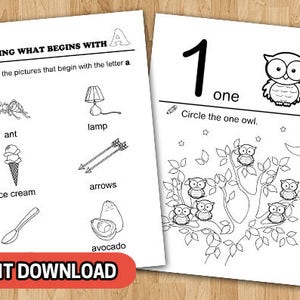 May include: Black and white printable worksheet for kids to learn the letter 'A' and the number '1'. The worksheet has pictures of an ant, lamp, ice cream, arrows, and avocado. The number '1' is written in large font and there are several owls on a tree branch. The instructions are to circle the pictures that begin with the letter 'a' and to circle the one owl.