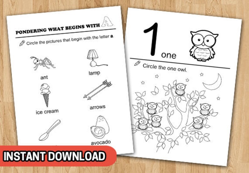May include: Black and white printable worksheet for kids to learn the letter 'A' and the number '1'. The worksheet has pictures of an ant, lamp, ice cream, arrows, and avocado. The number '1' is written in large font and there are several owls on a tree branch. The instructions are to circle the pictures that begin with the letter 'a' and to circle the one owl.