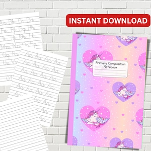 Cuaderno de composición primaria imprimible de MEJOR VALOR - Descarga instantánea Aprenda el alfabeto con práctica de rastreo de letras para niños, cubierta de unicornio