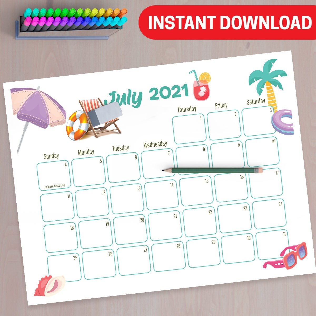 Printable Summer Calendar July 2021, Homeschool Calendar for Kids ...