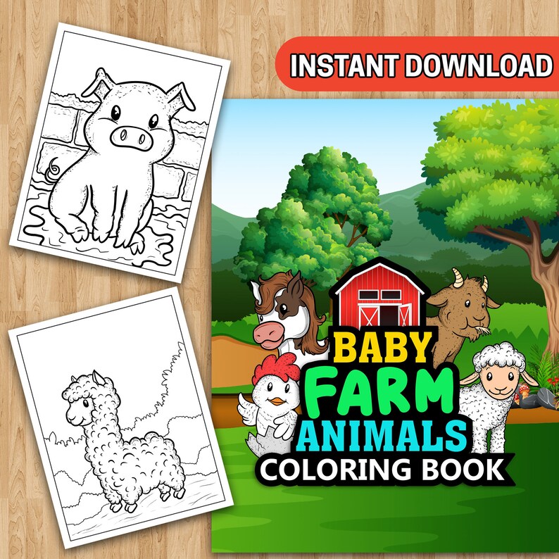 May include: A coloring book titled "Baby Farm Animals Coloring Book" with illustrations of farm animals. The cover features a red barn, a horse, a goat, a chicken, and a sheep. Three coloring pages with a pig and an alpaca are also visible.