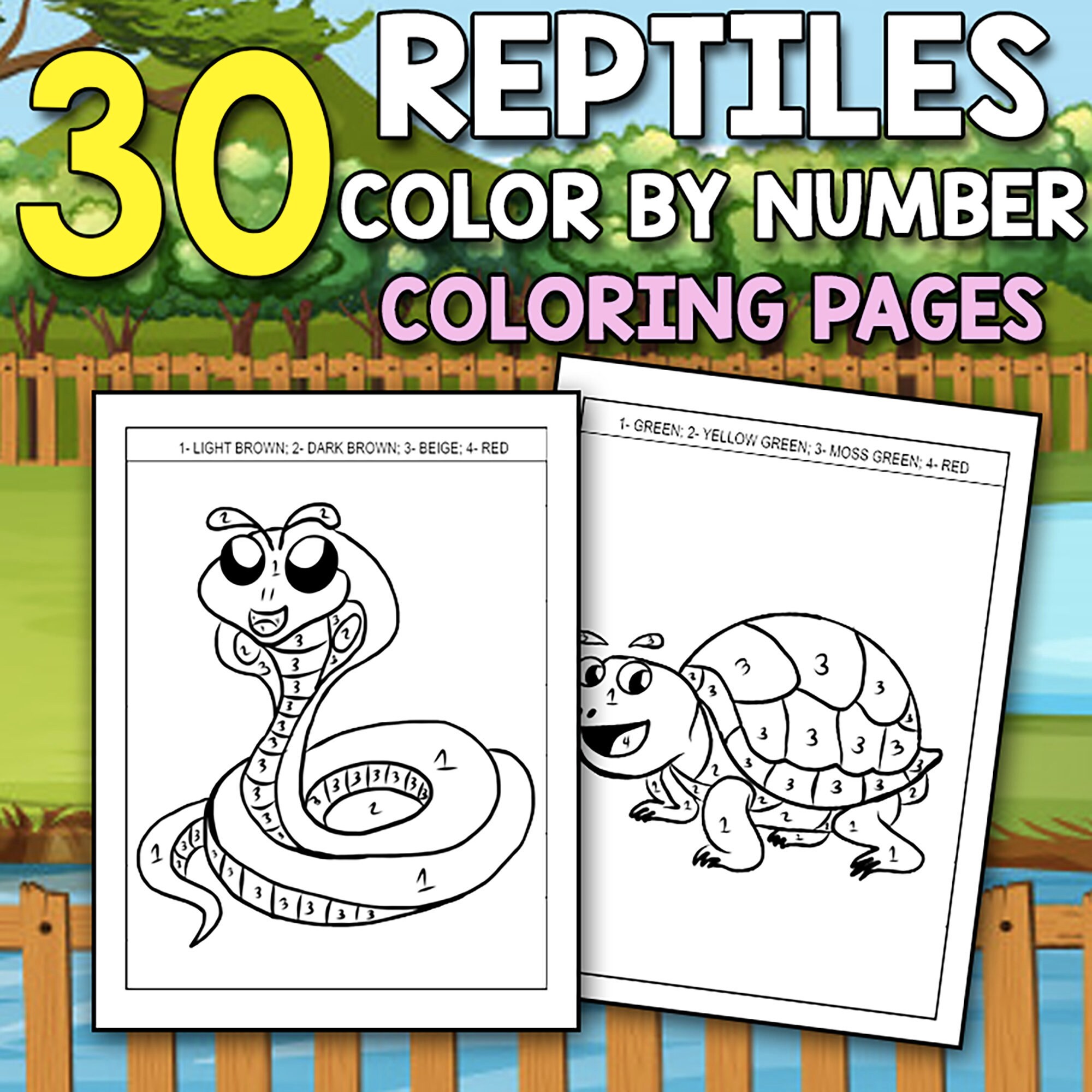 best value reptiles color by number ages 4 8 30 printable etsy