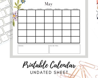 BEST VALUE May Printable Undated Calendar Sheet - Instant Download Undated May Calendar, Desk Notes, DIY Printable, Monthly Blank Calendar