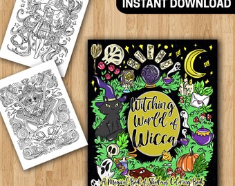 May include: A black and white coloring book with a witchy theme. The cover features a black cat wearing a witch's hat, a crystal ball, a cauldron, and other witchy symbols. The title of the book is "Witching World of Wicca".