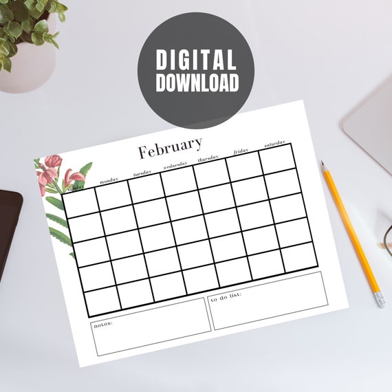 BEST VALUE February Printable Undated Calendar Sheet Instant Download  Undated February Calendar, Desk Notes, DIY Printable, Blank Calendar - Etsy