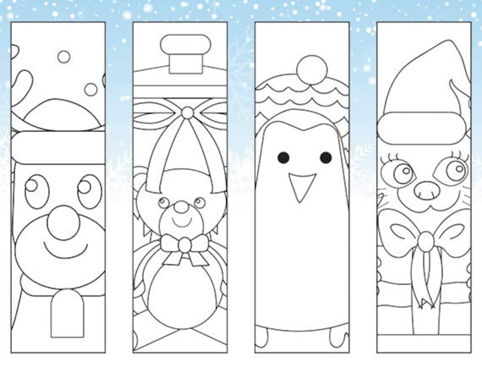 Christmas Coloring Bookmarks Reindeer, Teddy Bear, Penguin and Cat ...