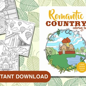 25 Romantic Country Coloring Pages - Instant Download Printable Coloring Book for Adults Southern Architecture Ranch Field Scenic Coloring