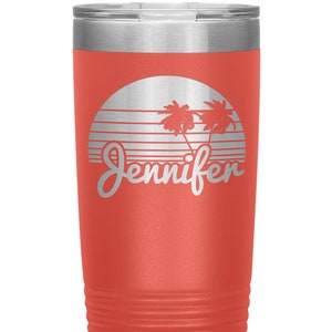 Personalized Beach Tumbler With Name, Tropical Sunset, and Palm Trees - Personalized Beach Cup - Beach Travel Mug