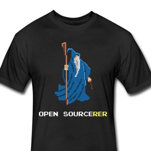 May include: Black t-shirt with a pixelated image of a wizard holding a staff and the text "OPEN SOURCERER".