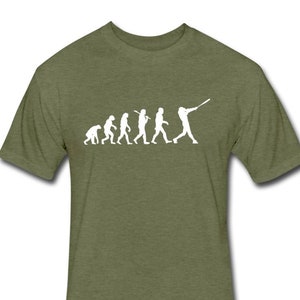 May include: A green t-shirt with a white silhouette of the evolution of man, ending with a baseball player swinging a bat.