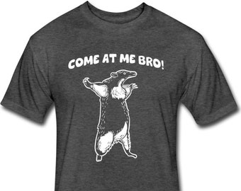 May include: A dark heather grey t-shirt with a white graphic of an anteater with the text "COME AT ME BRO!" printed on the front.