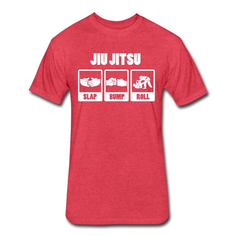 May include: Red t-shirt with white text that reads "Jiu Jitsu" and three illustrations of hands with the words "Slap", "Bump", and "Roll" underneath.