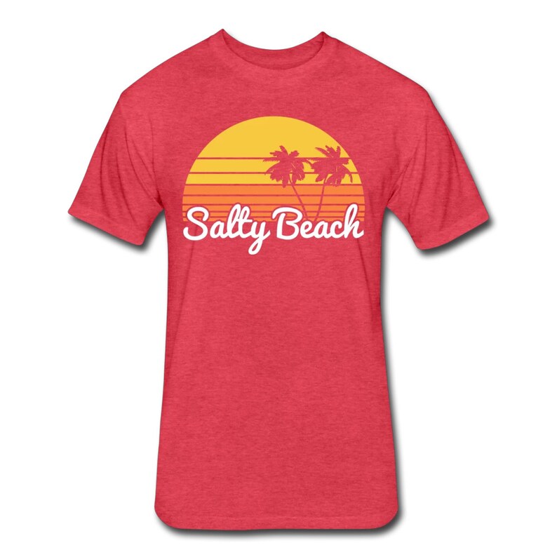 May include: Red t-shirt with a retro sunset graphic and two palm trees. The text "Salty Beach" is printed in white below the graphic.