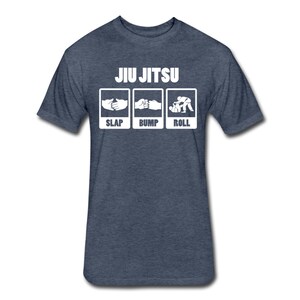 May include: A navy blue t-shirt with a white graphic that says "Jiu Jitsu" and has three illustrations of hands with the words "slap", "bump", and "roll" underneath.