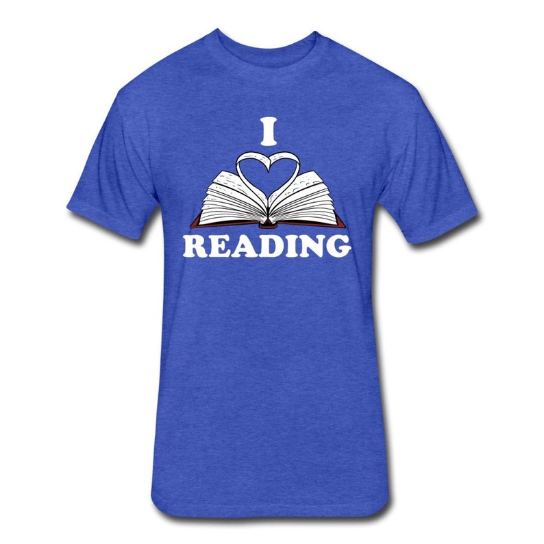 May include: A royal blue t-shirt with the text "I love reading" and a white open book with a heart shape formed by the pages.