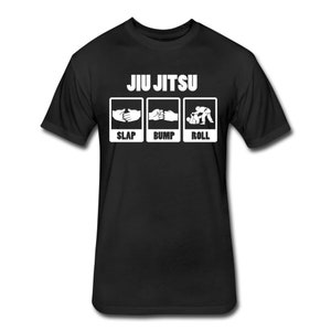 May include: Black t-shirt with white text that reads "JIU JITSU" and three white boxes with illustrations and the words "SLAP", "BUMP", and "ROLL".