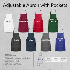 Pu&ograve; includere: Grembiule regolabile con tasche in vari colori, tra cui bianco, bordeaux, rosso, verde bosco, nero, blu navy, antracite e blu reale. Il grembiule &egrave; realizzato in 100% cotone e ha un collo e spalline regolabili. Presenta anche una tasca anteriore divisa. Il grembiule misura 71 cm di larghezza e 76 cm di lunghezza.