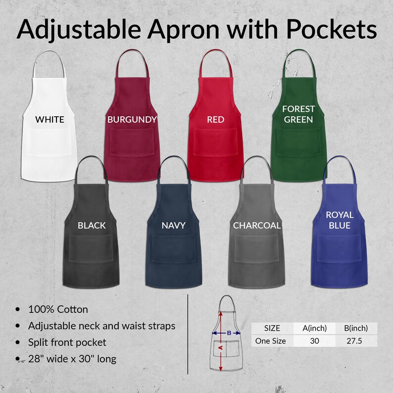 Pu&ograve; includere: Grembiule regolabile con tasche in vari colori, tra cui bianco, bordeaux, rosso, verde bosco, nero, blu navy, antracite e blu reale. Il grembiule &egrave; realizzato in 100% cotone e ha un collo e spalline regolabili. Presenta anche una tasca anteriore divisa. Il grembiule misura 71 cm di larghezza e 76 cm di lunghezza.