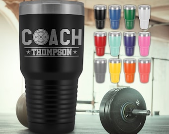 Taza de viaje personalizada para entrenador de culturismo con nombre de entrenador y barra