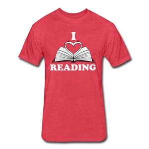 May include: Red t-shirt with a white graphic of an open book with a heart in the middle and the text "I love reading".
