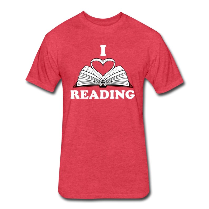 May include: Red t-shirt with a white graphic of an open book with a heart in the middle and the text "I love reading".