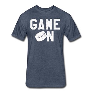 May include: A navy blue t-shirt with a white graphic of a hockey puck and the text "GAME ON".
