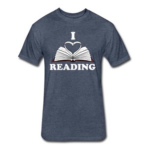 May include: A dark blue t-shirt with a white graphic of an open book with a heart shape formed by the pages. The text "I love reading" is printed below the book.