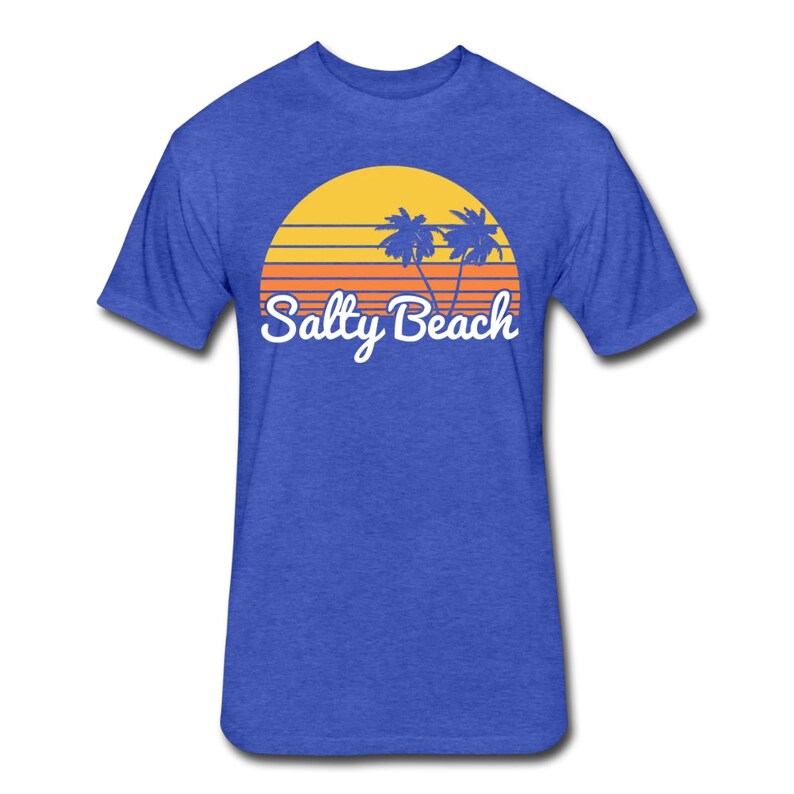 May include: A royal blue t-shirt with a retro sunset graphic featuring two palm trees and the text "Salty Beach" in white.