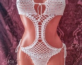 Sexy see through hollow out swimsuit crochet one piece crotchless nudist fetish wedding bridal honeymoon mesh trikini bathing suit boho