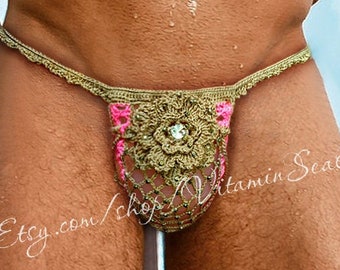 Sexy charming men’s g-string crochet mesh thong boyfriend gift rhinestones extreme bikini bottoms tanga lace lingerie exhibitionist fetish