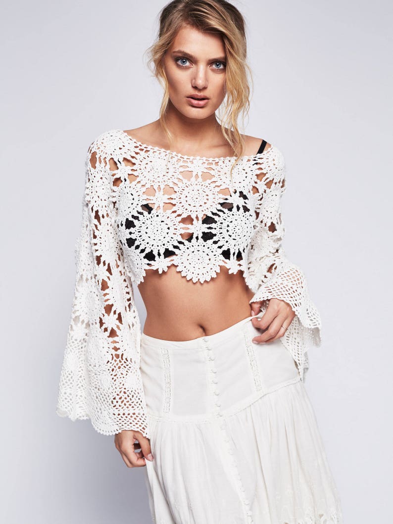 Bridal Boho Hippie Crop Top Crochet Lace Bell Sleeve Gipsy Etsy