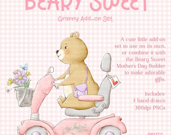 Bear clipart, cute elderly bear, mobility scooter, family builder, watercolour, PNG, cardmaking, sublimation, gift for Granny, hand-drawn