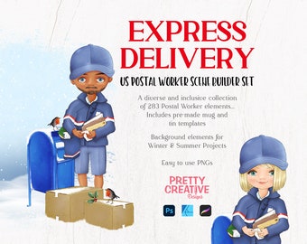 Express Delivery Clipart | US postal worker | Postman | Postwoman | PNG | Stickers | Sublimation Designs | Mailman | Inclusive Skin Tones