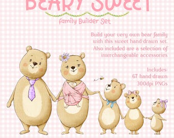 Bear family clipart, cute bears, family builder, watercolour, PNG, cardmaking, sublimation, hand-drawn artwork, bear characters