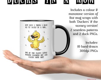 Ducks in a row, duck mug wrap PNG, sublimation, funny duck clip art, monotone, card making artwork, humorous mug design, duck clipart