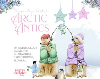 Perfectly Pastel Clipart | Polar Bear Illustration | Penguin PNG | Sublimation Design | Cute Characters | Sublimation Designs | Hand Drawn
