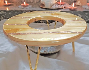 Yoni Steam Seat with Rose Quartz Inlay and Copper Metal in Non-Toxic Epoxy Resin | V Steaming Stool |  Yoni Spa  Sauna | Crystal Inlaid Wood